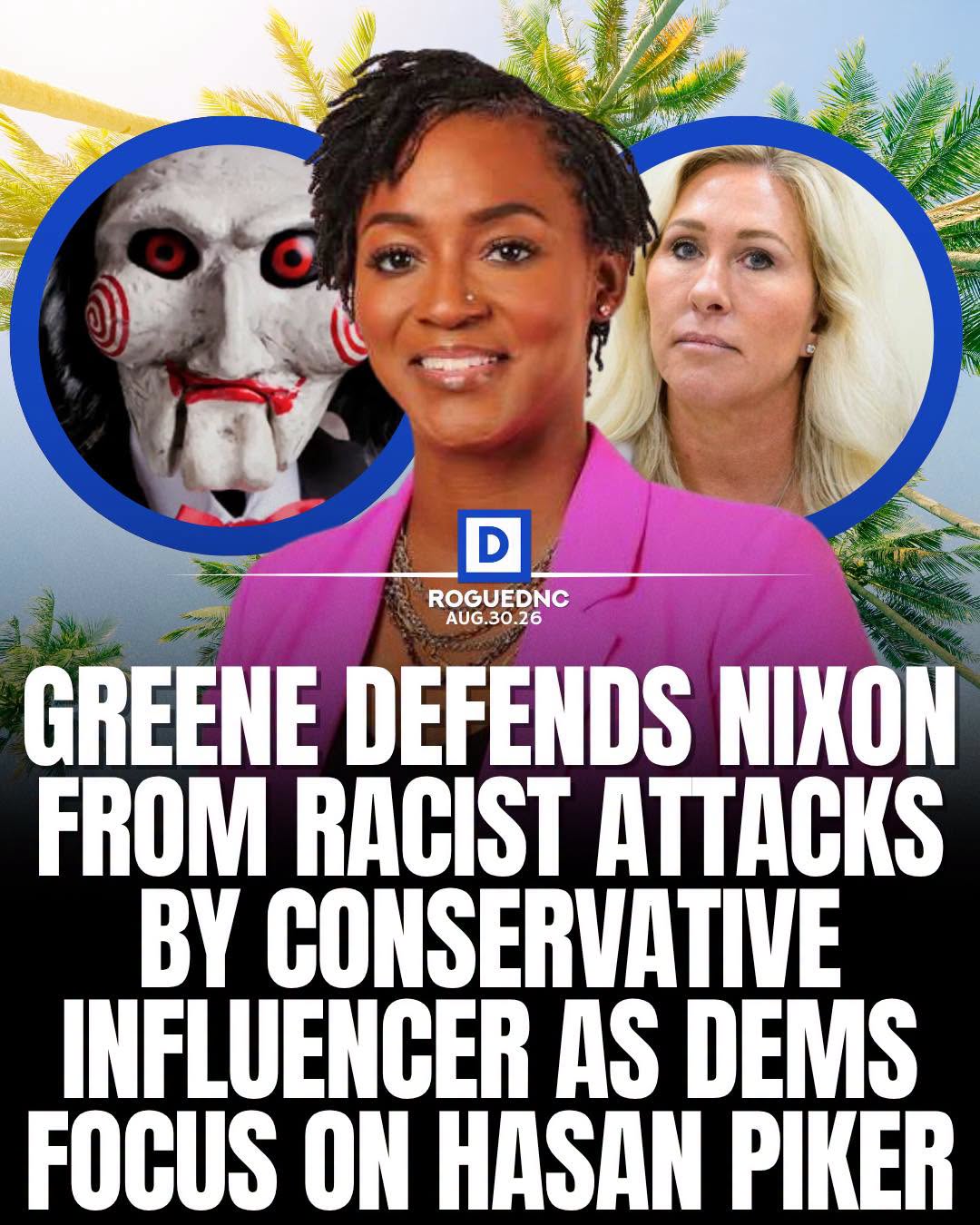 This anti-DNC meme satirizes the Democratic Party's support for Donald Trump by featuring Alexandria "Greene" Ocasio-Cortez in the center, defending Nixon (Trump) from attacks by conservative influencer Liz Cheney. Th...