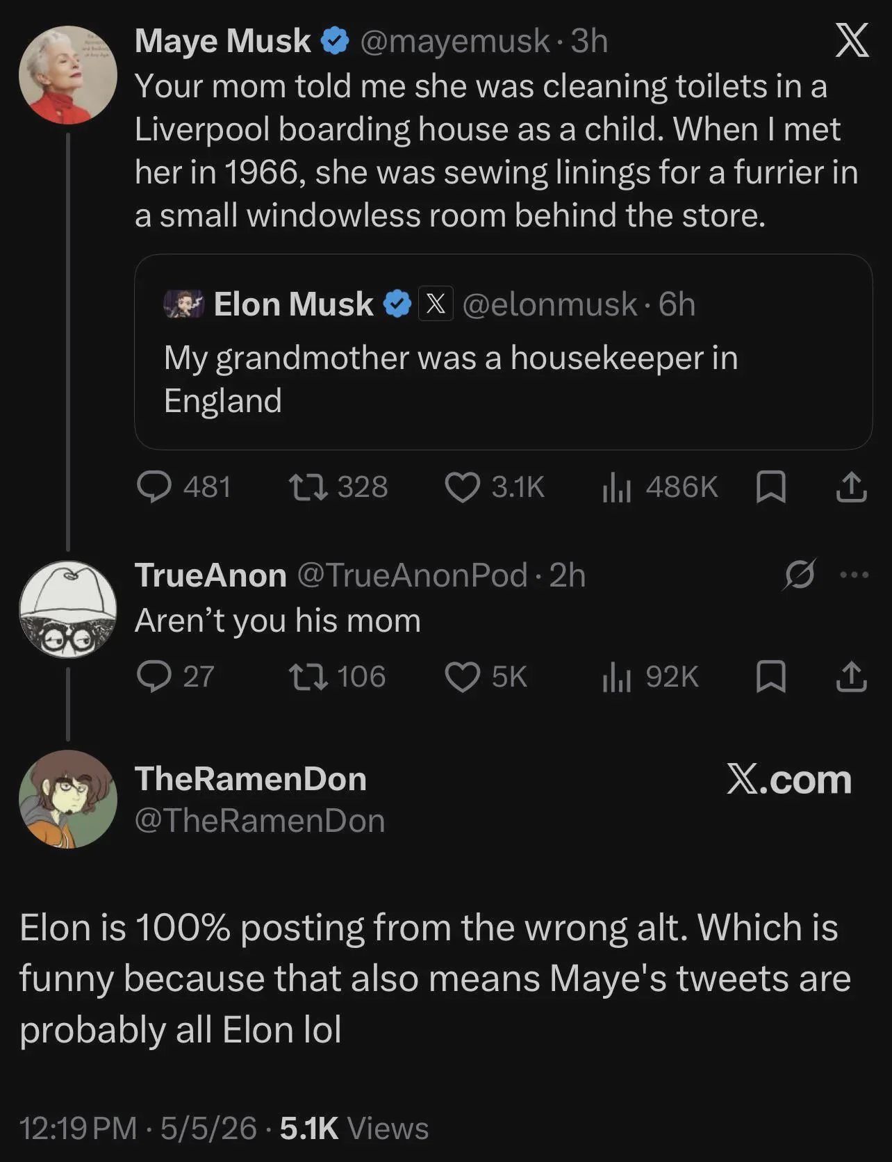 This anti-Musk meme satirizes the "wrong alt" theory that Elon Musk is posting from an alternate timeline, suggesting he is merely a robot or figure from a fake history. The image includes the text "Your mom told me s...
