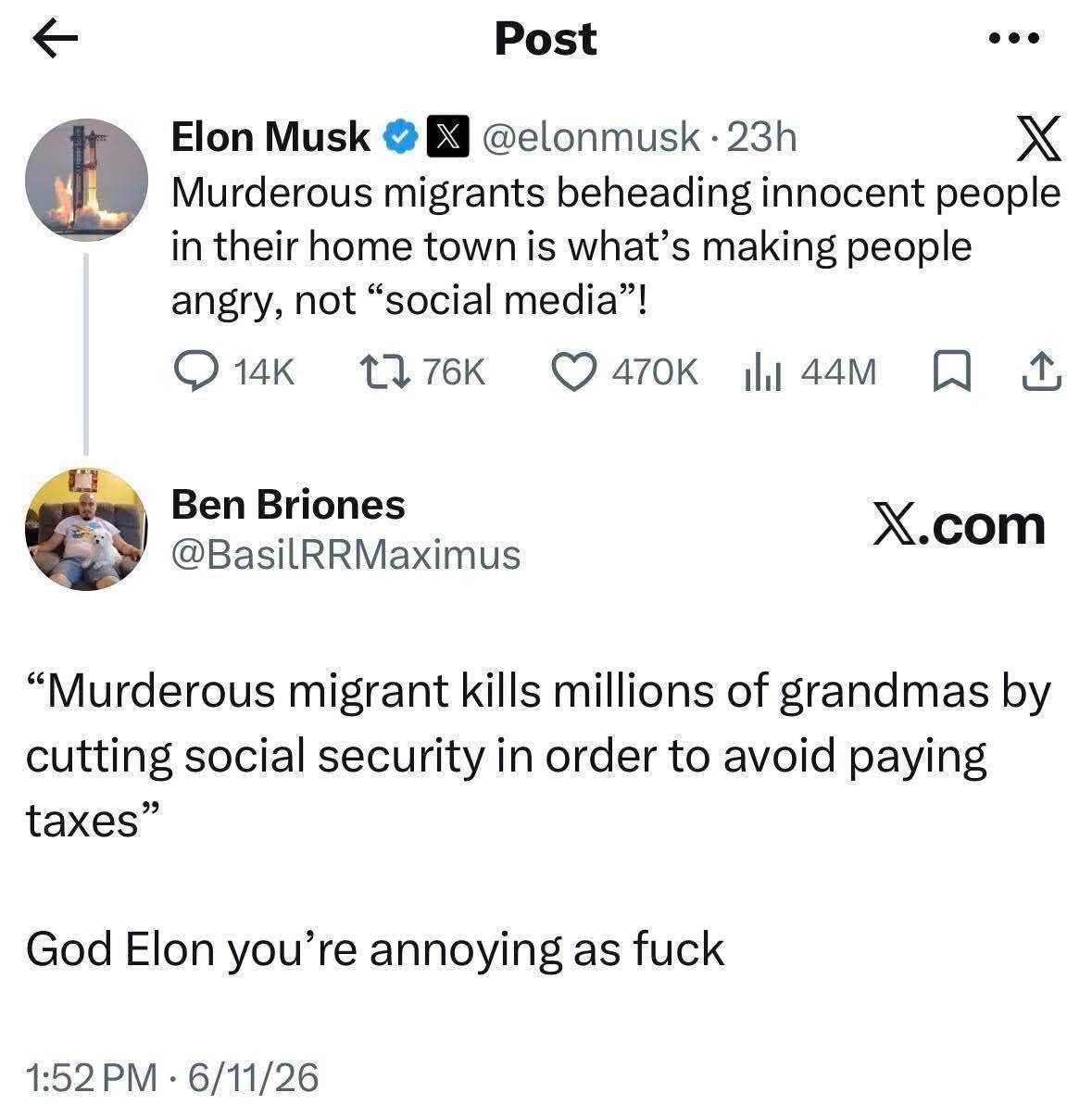 This anti-Elon meme takes a claim about social media and flips it to suggest that "migrants" are specifically using that platform to manipulate policies. The second user claims that "migrants" are "cutting social secu...