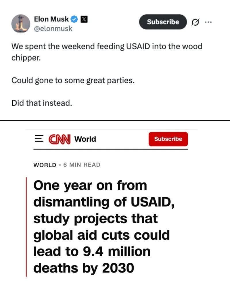 This "anti-Elon" meme plays on the absurdity of a satirical tweet where Musk claims he fed massive amounts of USAID aid into a wood chipper to play golf, while underneath presents a serious CNN headline warning that g...