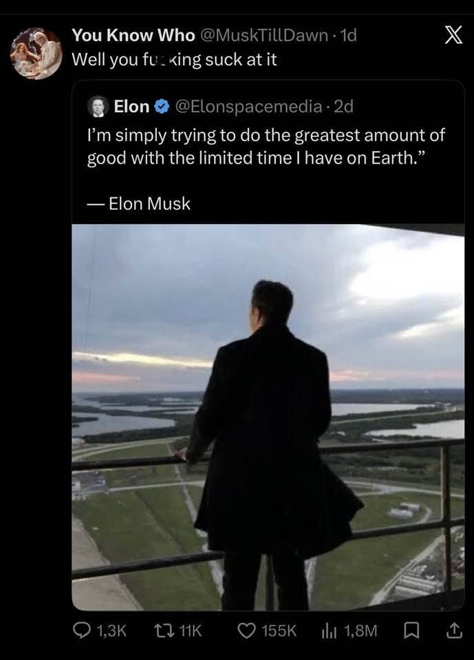 This meme uses a "Joke" pun to mock Elon Musk's recent comments. The top comment acts as the "setup," claiming someone is failing at a task ("Well you fucking suck at it"), while the reply underneath serves as the "pu...