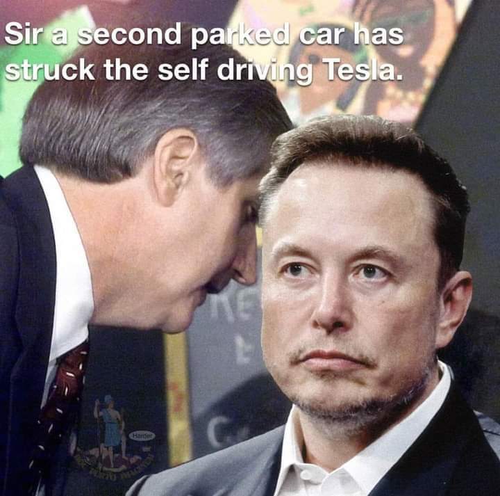This meme is from the "Anti-Elon" category, which satirizes the public image of Elon Musk. The meme features an image of a man being told that a second car has struck the self-driving Tesla he was driving. The text "S...