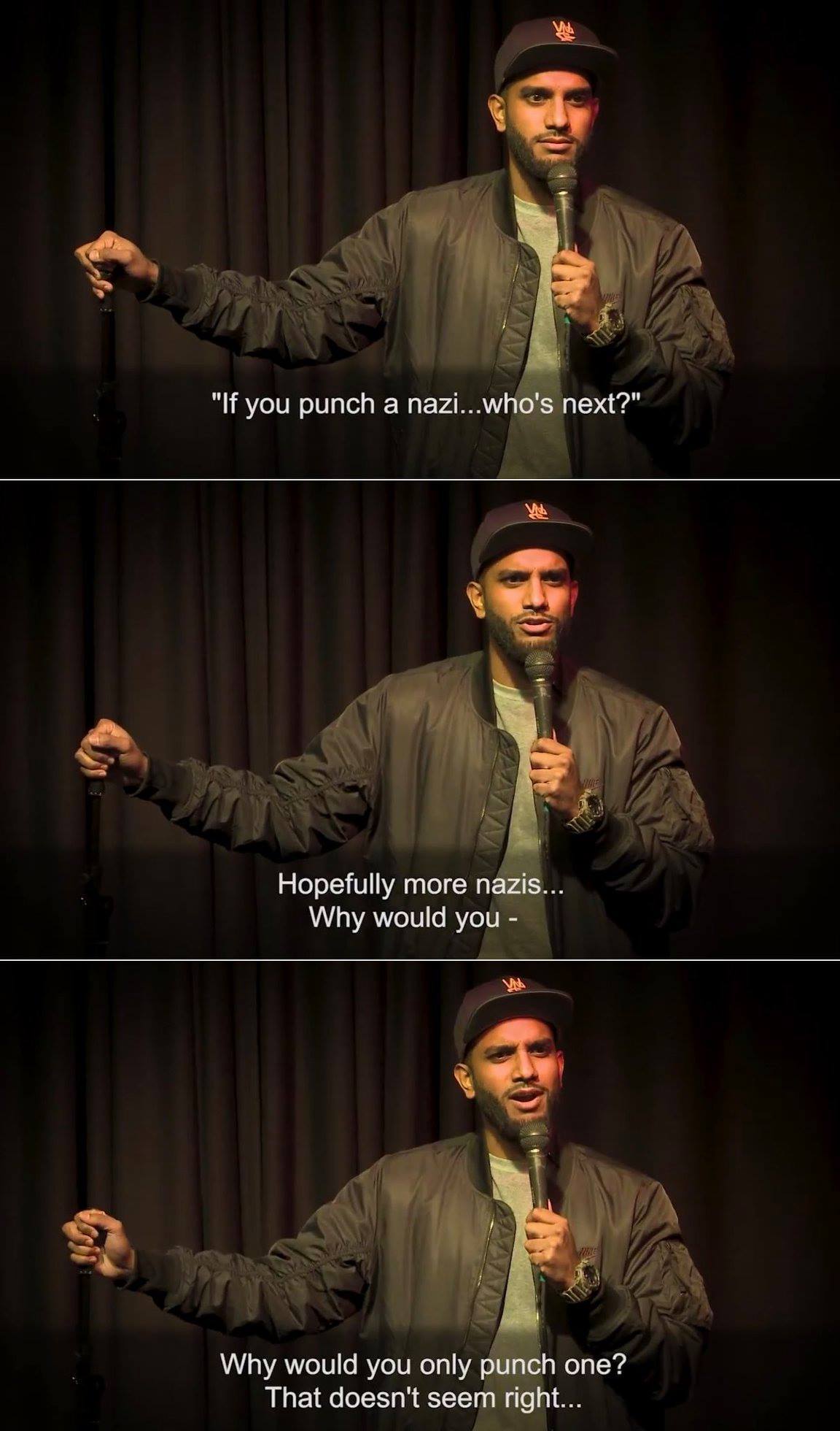 Okay, let's break down these images through a variety of critical lenses, focusing on the elements present and how they might be interpreted. **Visual Description** The images depict a stand-up comedian performing on...