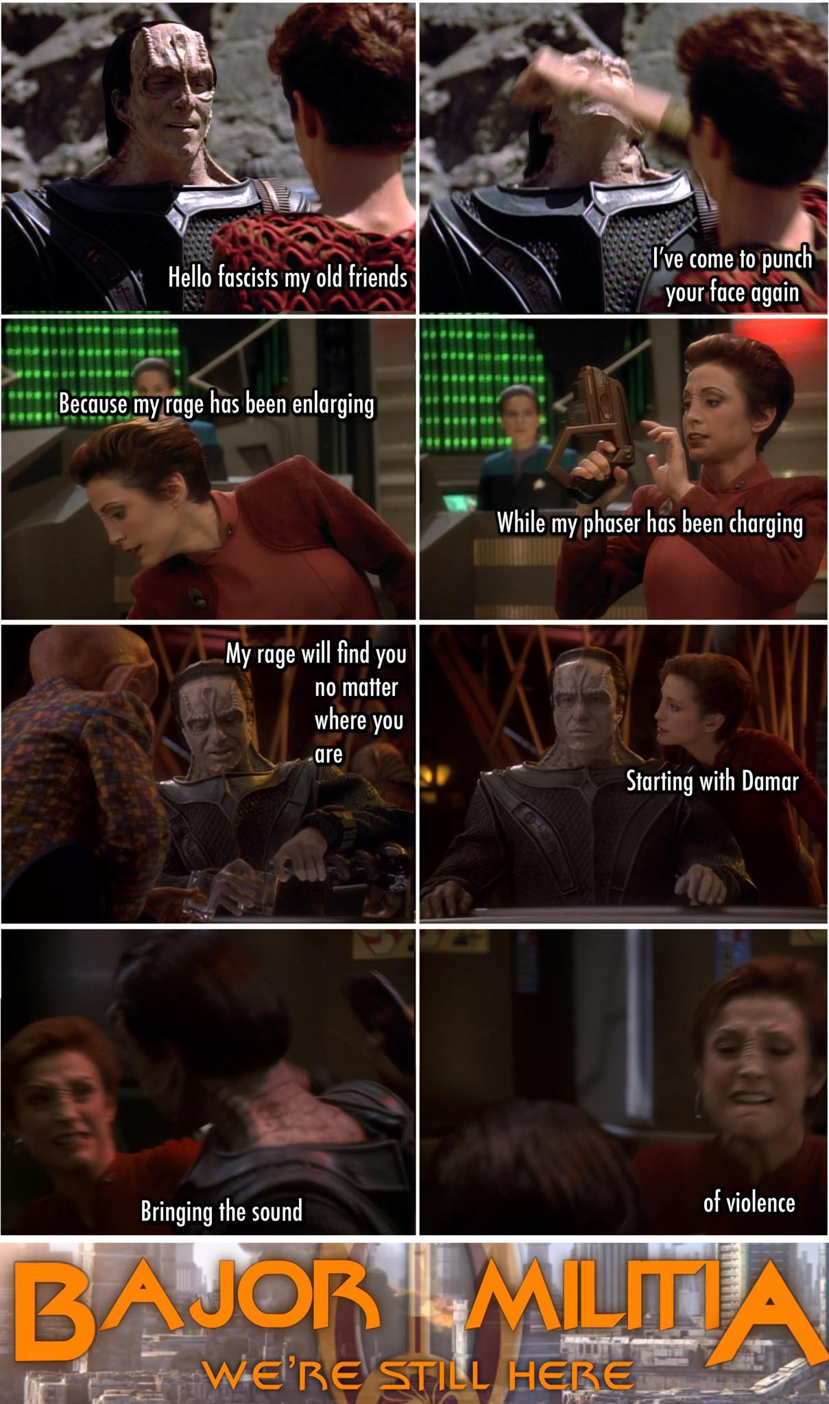Okay, let's break down this image/meme – a collage of *Deep Space Nine* scenes overlaid with text – through the lenses you’ve requested. It's a complex piece, ripe for analysis. **Visual Description** The image is a 9...