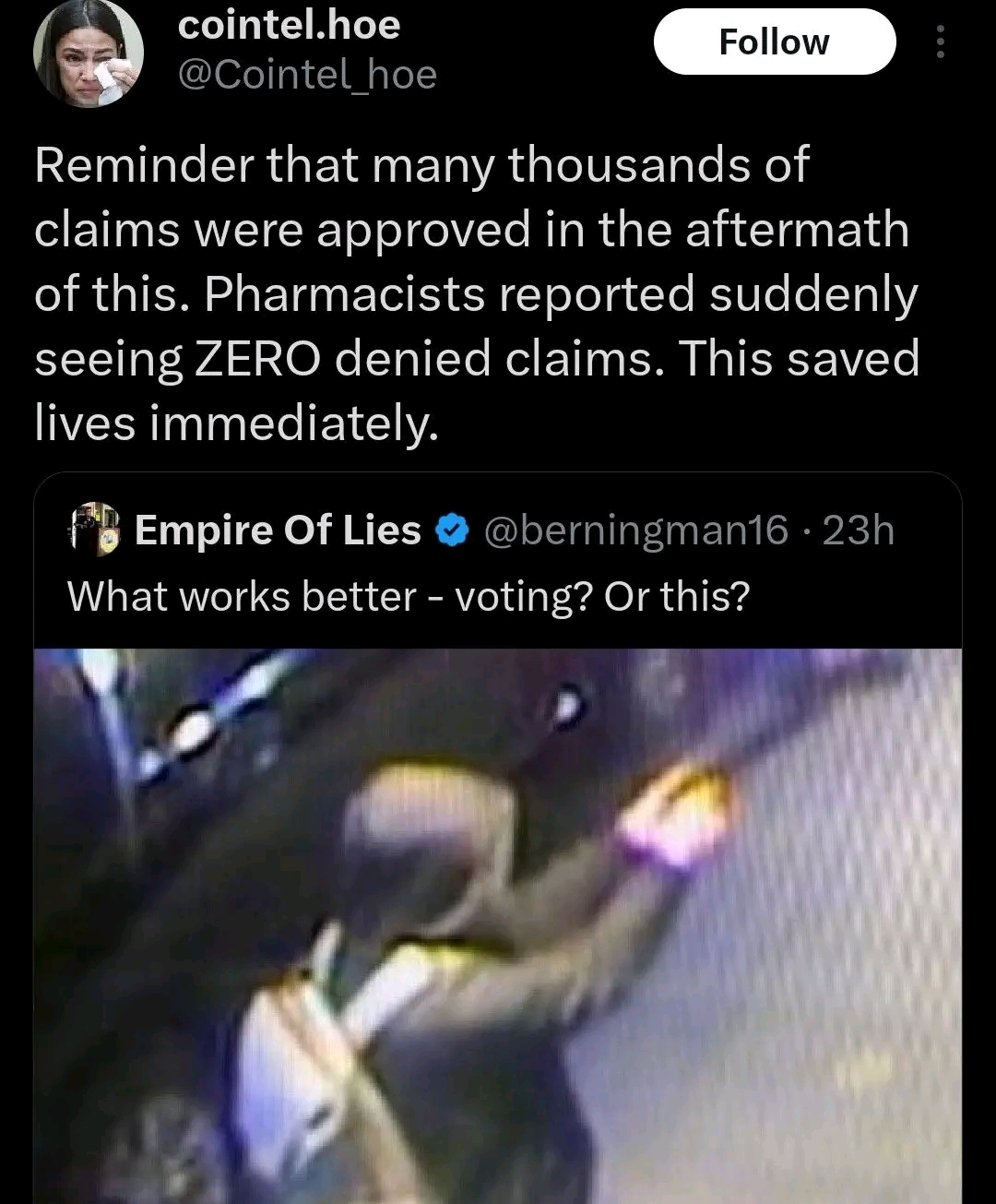 Actually, this meme is not an Anti-Fascist statement; rather, it is a piece of political satire mocking **"voting with your wallet"** and insurance fraud. The text claims that during a chaotic aftermath (referred to a...