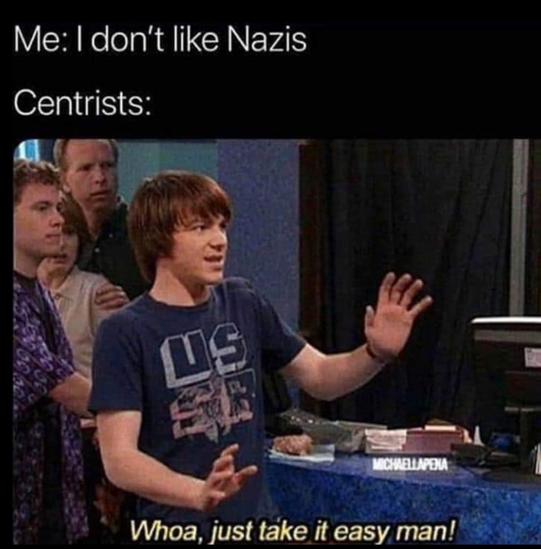 Okay, let's break down this meme through the lens of different theoretical frameworks. Given the meme's content, several approaches apply strongly. **1. Visual Description** The image is a screen capture from a sitcom...