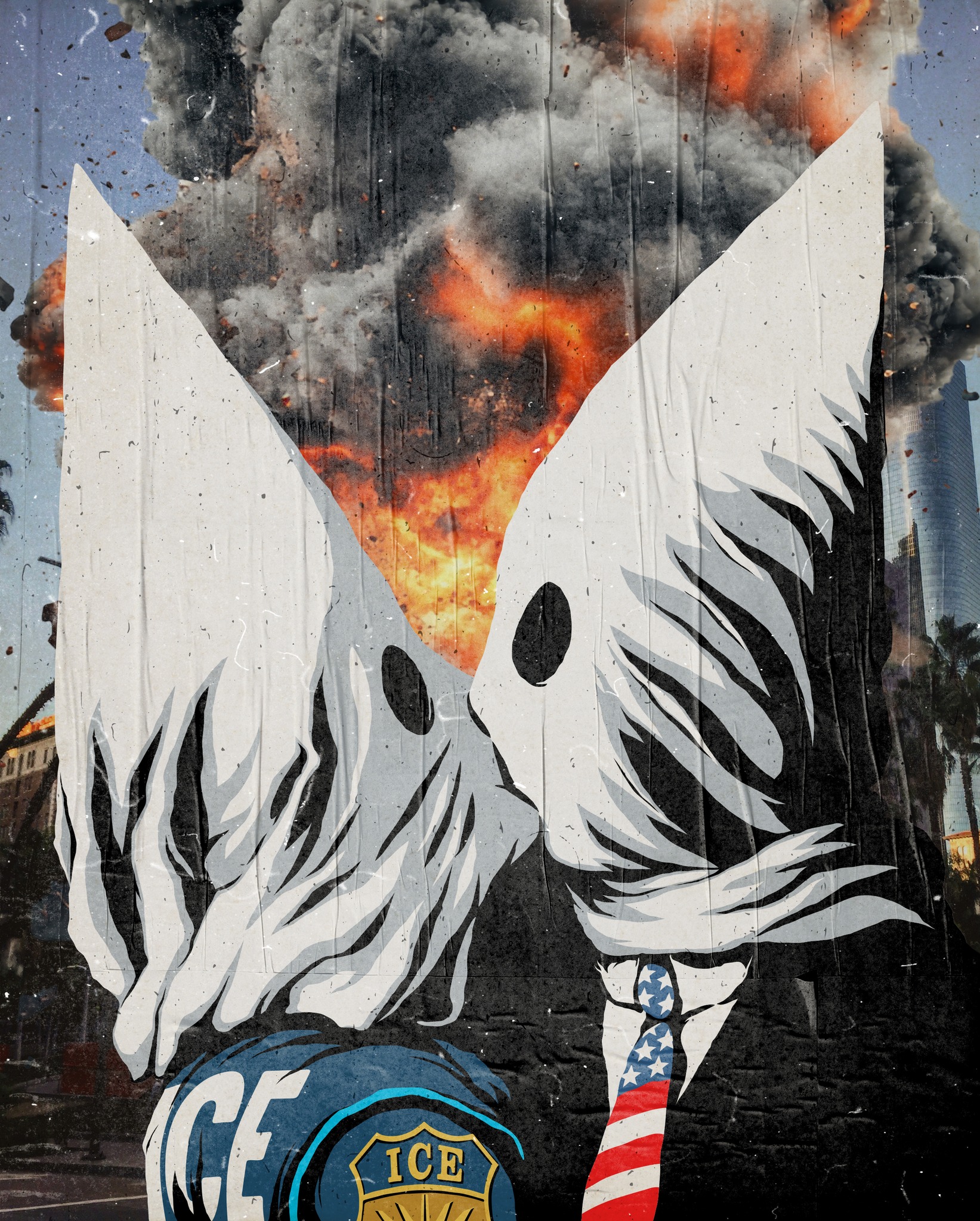 Okay, let's break down this image using the requested theoretical frameworks. It’s a powerfully charged piece, and lends itself to several interpretations. ## Visual Description The image is a digitally manipulated, h...