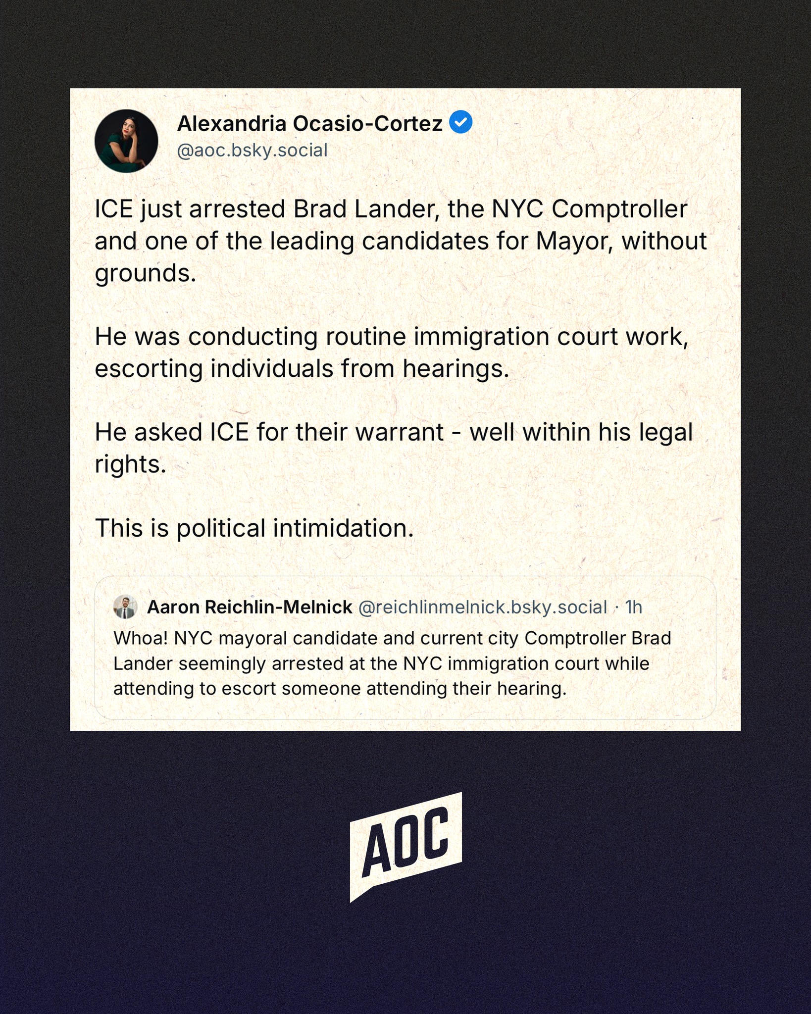 Okay, let's break down this social media post from Alexandria Ocasio-Cortez (AOC) and the related reply from Aaron Reichlin-Melnick through the lenses you've requested. Please note that applying these frameworks often...