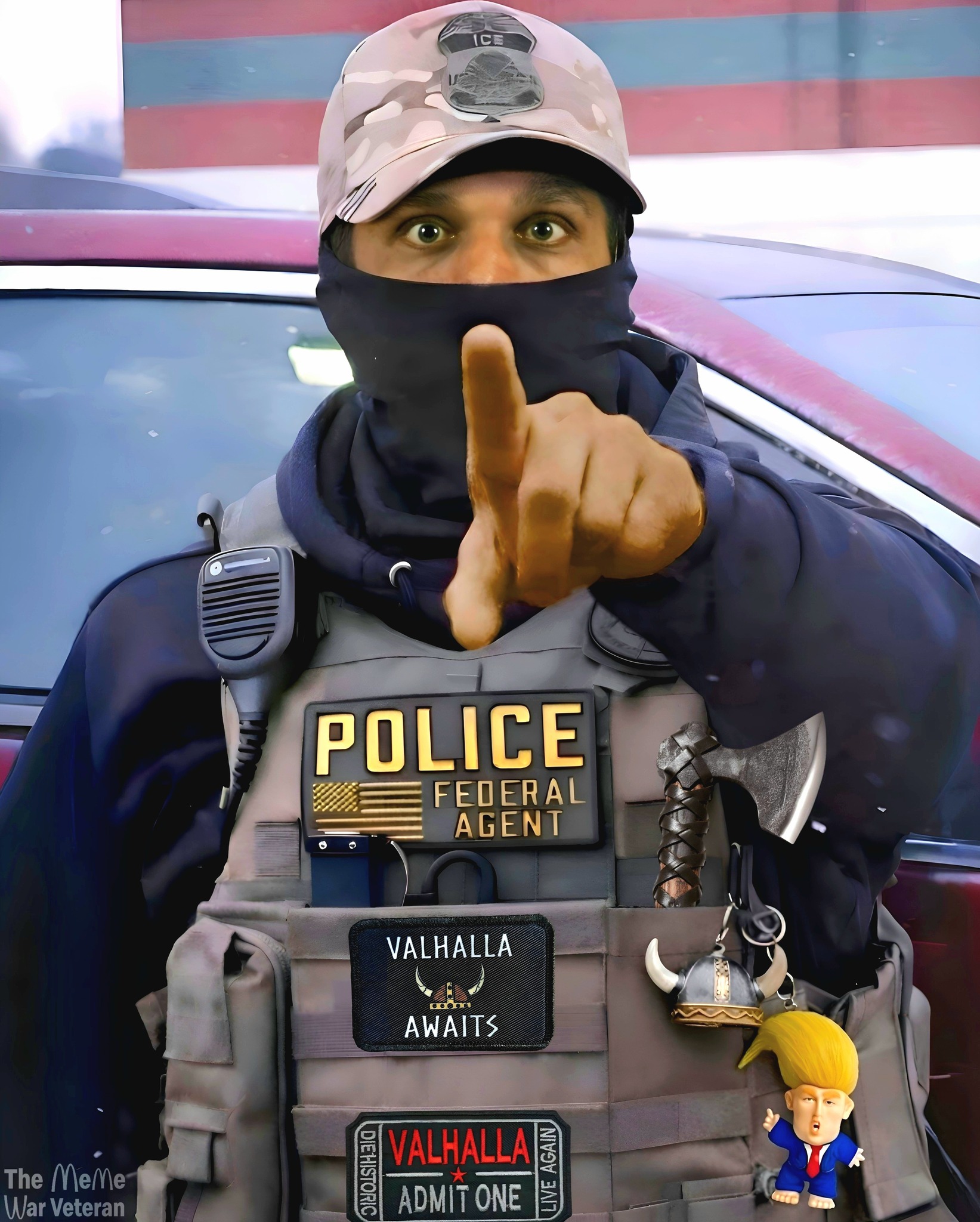This meme depicts a figure in "tactical gear" with a patch labeled "POLICE FEDERAL AGENT," yet points aggressively at the viewer instead of enacting justice. The narrative deepens when the lower panel reveals a patch...
