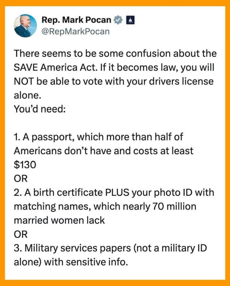 This image is a political tweet from Representative Mark Pocan regarding the SAVE America Act, outlining the specific bureaucratic hurdles—such as passport costs and ID requirements—a citizen must navigate to vote by...