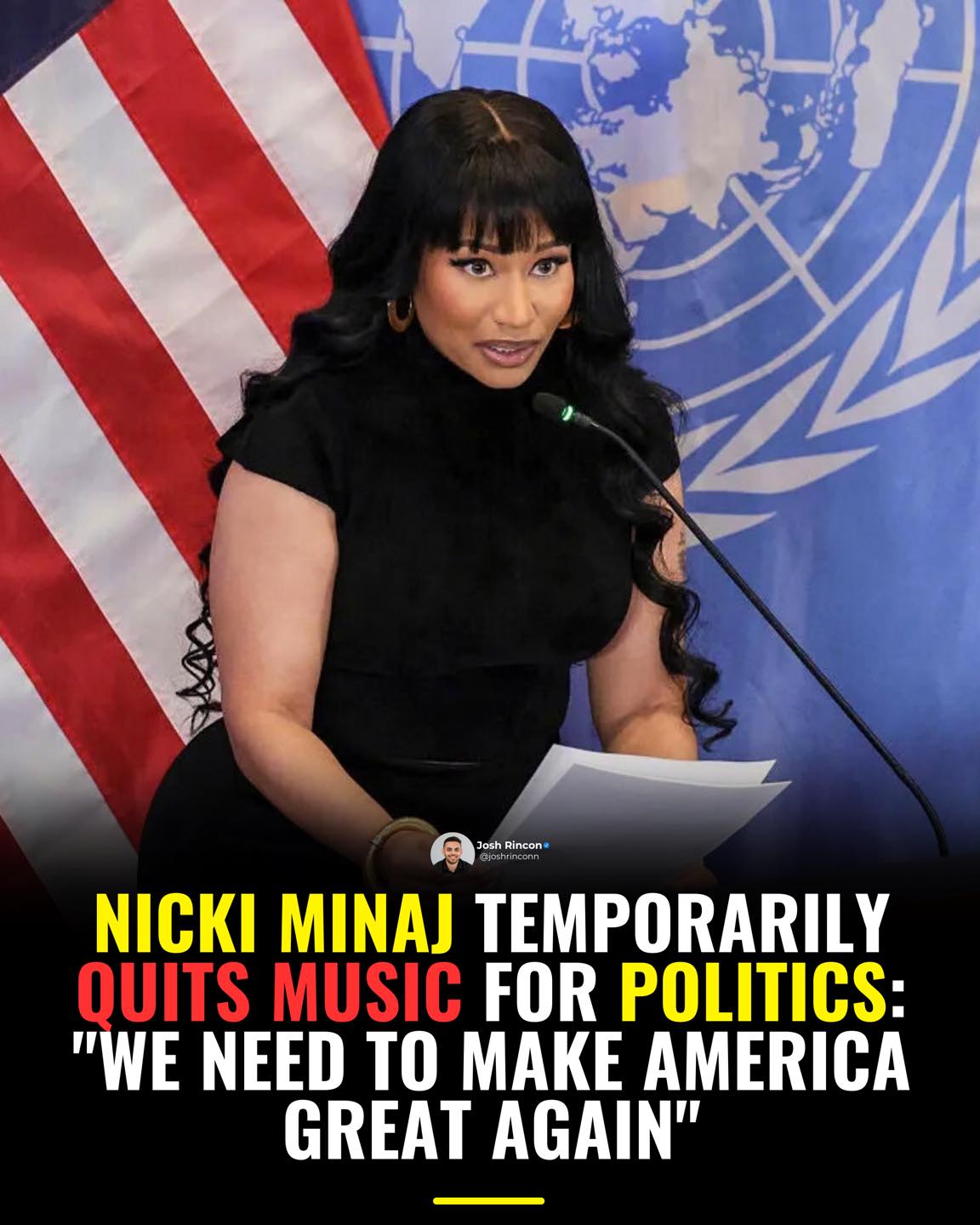 This meme recontextualizes Nicki Minaj's appearance at a United Nations-style press conference, where she is dressed in formal attire and holding papers instead of performing on stage. This visual shift suggests a mov...