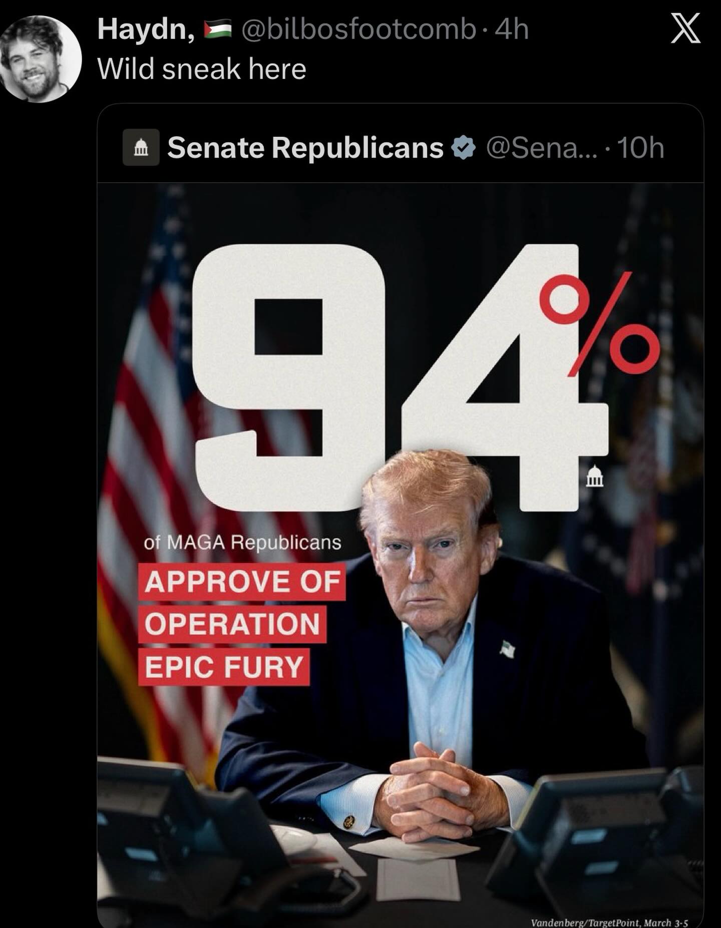 "This meme satirizes Donald Trump's internal base by presenting a fake poll showing that he and his supporters overwhelmingly support his 'Operation Epic Fury' campaign. It frames their loyalty as 94% approval, implyi...
