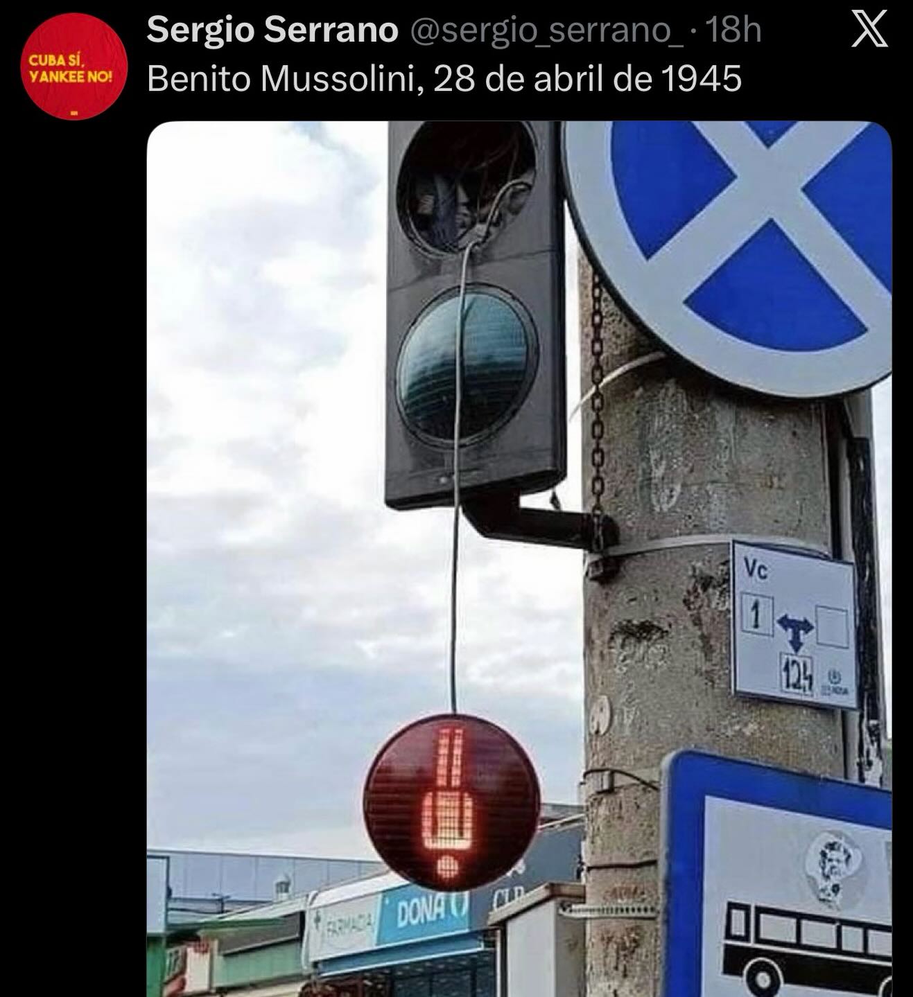 This anti-fascist meme references the date **Benito Mussolini, 28 de abril de 1945** (the large white text visible in the image), traditionally remembered as the day of his suicide. The joke implies that this tragic e...