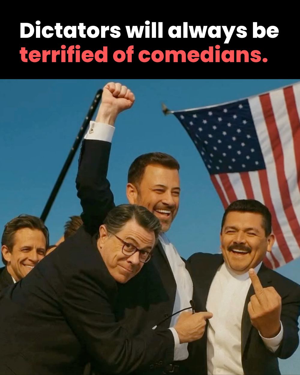 From a critical perspective often associated with anti-authoritarian or anti-fascist commentary, this meme suggests that no matter how much power a dictator holds or how serious their political rallies appear, they wi...