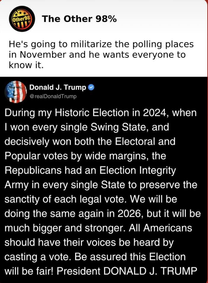 This meme uses a "spite speech" technique to subvert election conspiracy theories. The top tweet claims the government will "militarize polling places" in 2024 to stop people from voting, while the bottom tweet is Don...