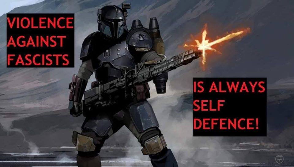 Okay, let's break down this image through several theoretical lenses, keeping in mind that the image is highly politically charged. **Visual Description** The image depicts a figure resembling a Mandalorian bounty hun...