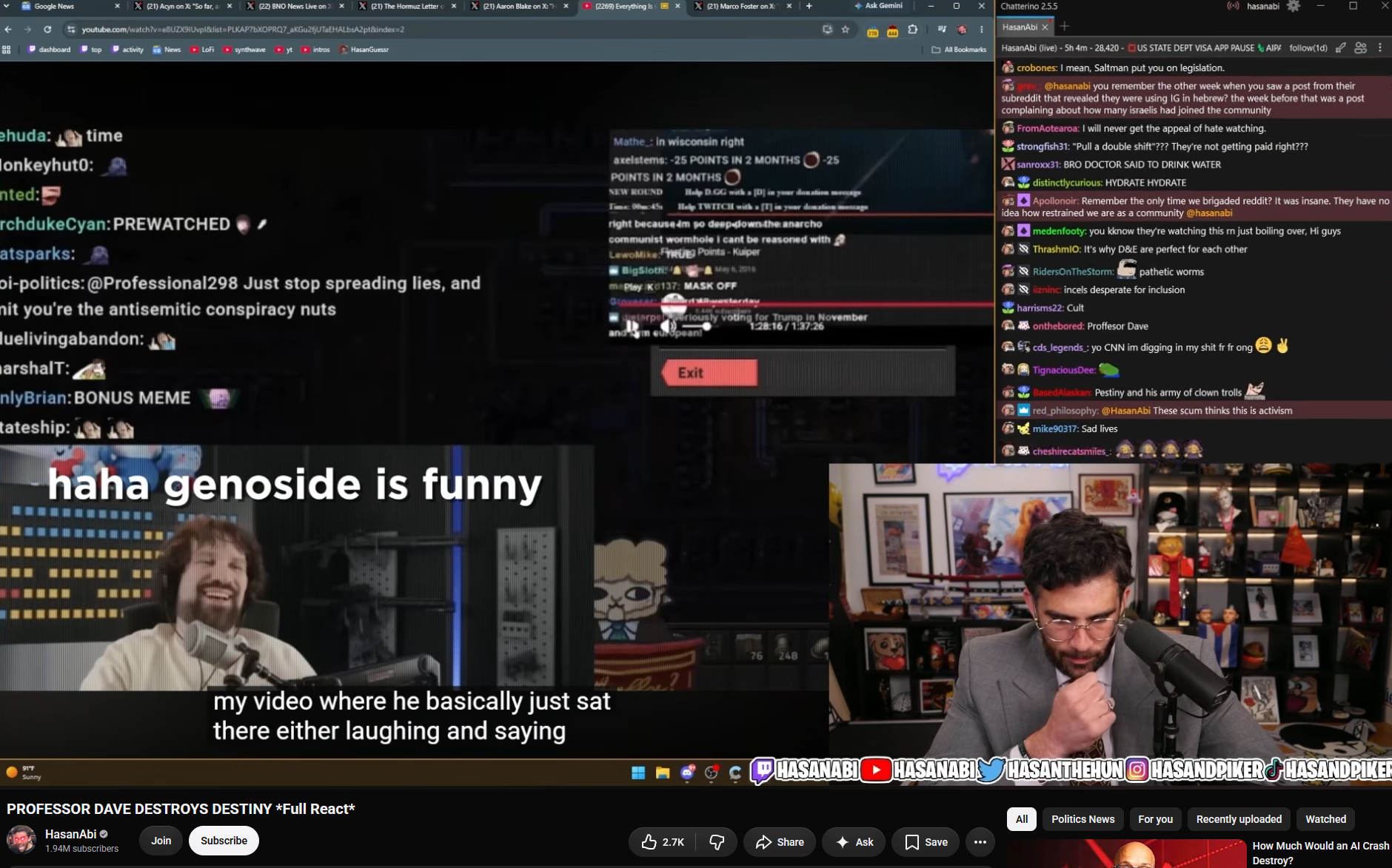 This meme parodies the infamous "Professor Dave Destroys Destiny" internet trend by recontextualizing a clip of a man laughing. The phrase "haha genoside is funny" is a direct quote from the Nazi SS, and its overlay c...