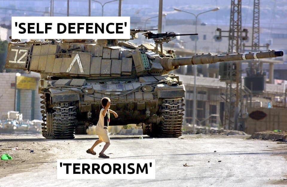 Okay, let's break down this incredibly charged image using the requested theoretical frameworks. It's important to acknowledge the strong political context hinted at by the labeling ("Self Defence" and "Terrorism") an...