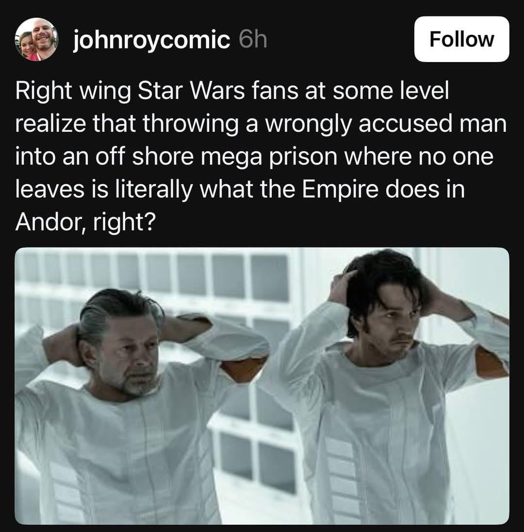 Okay, let's break down this post and image using the requested theoretical frameworks. It's a complex image, and the post is directly aimed at provoking thought about political alignment and Star Wars fandom, so sever...