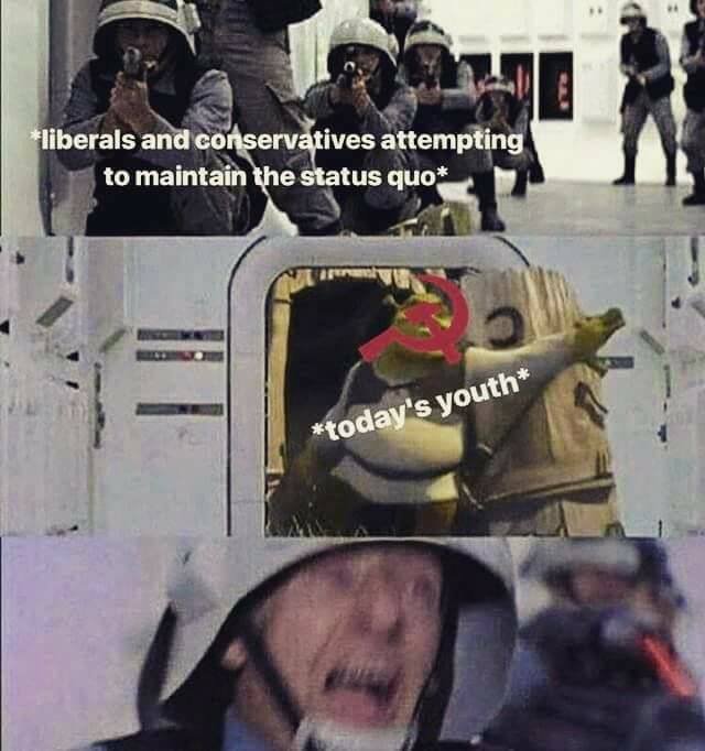 Okay, let's break down this meme using the requested theoretical lenses. It's a complex piece of imagery, so this will be detailed. ## Visual Description The meme is a three-panel image utilizing stills from *Star War...