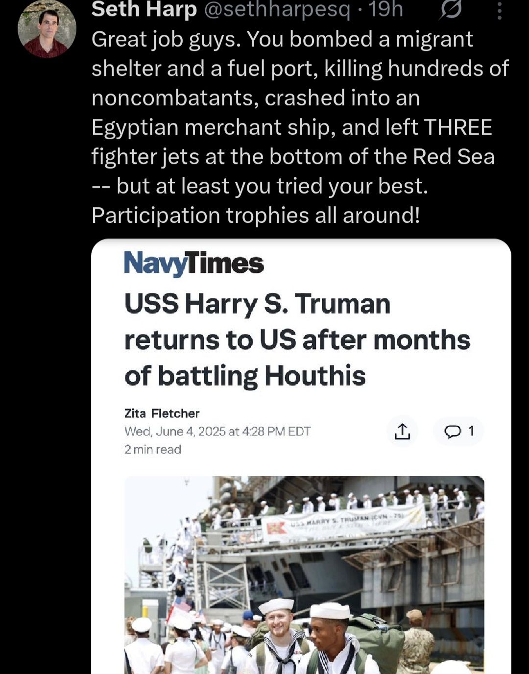 Okay, let's break down this social media post (a tweet from Seth Harp and an accompanying *Navy Times* article) using the requested theoretical lenses. It's important to remember that applying these lenses is *interpr...
