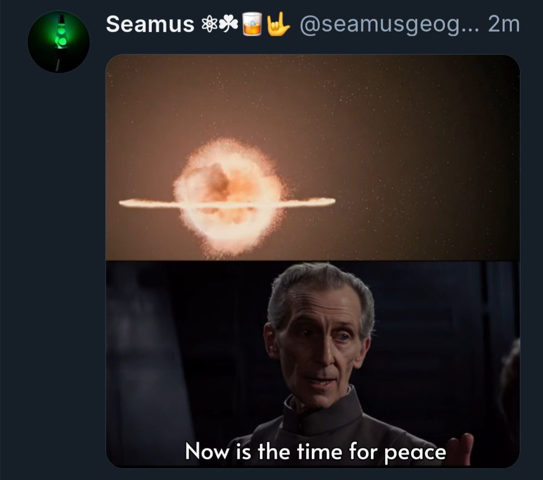 Okay, let's break down this image/meme with some theoretical lenses. Given the image content (Palpatine/Darth Sidious, a massive, potentially world-ending threat, and the ironic text "Now is the time for peace"), seve...