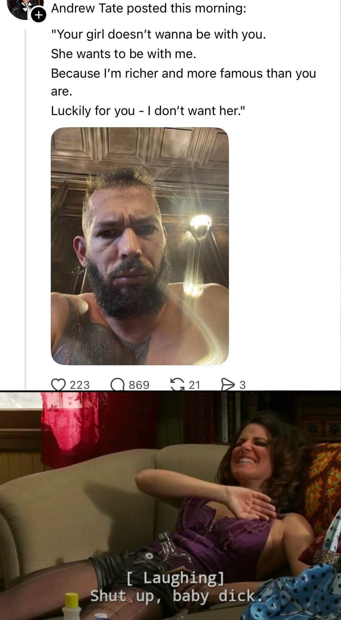 This meme mocks the "rich white male" ideology often associated with Anti-Incel movements. The top text shows Andrew Tate dismissing his girlfriend's feelings and claiming he doesn't want her because he is "richer and...