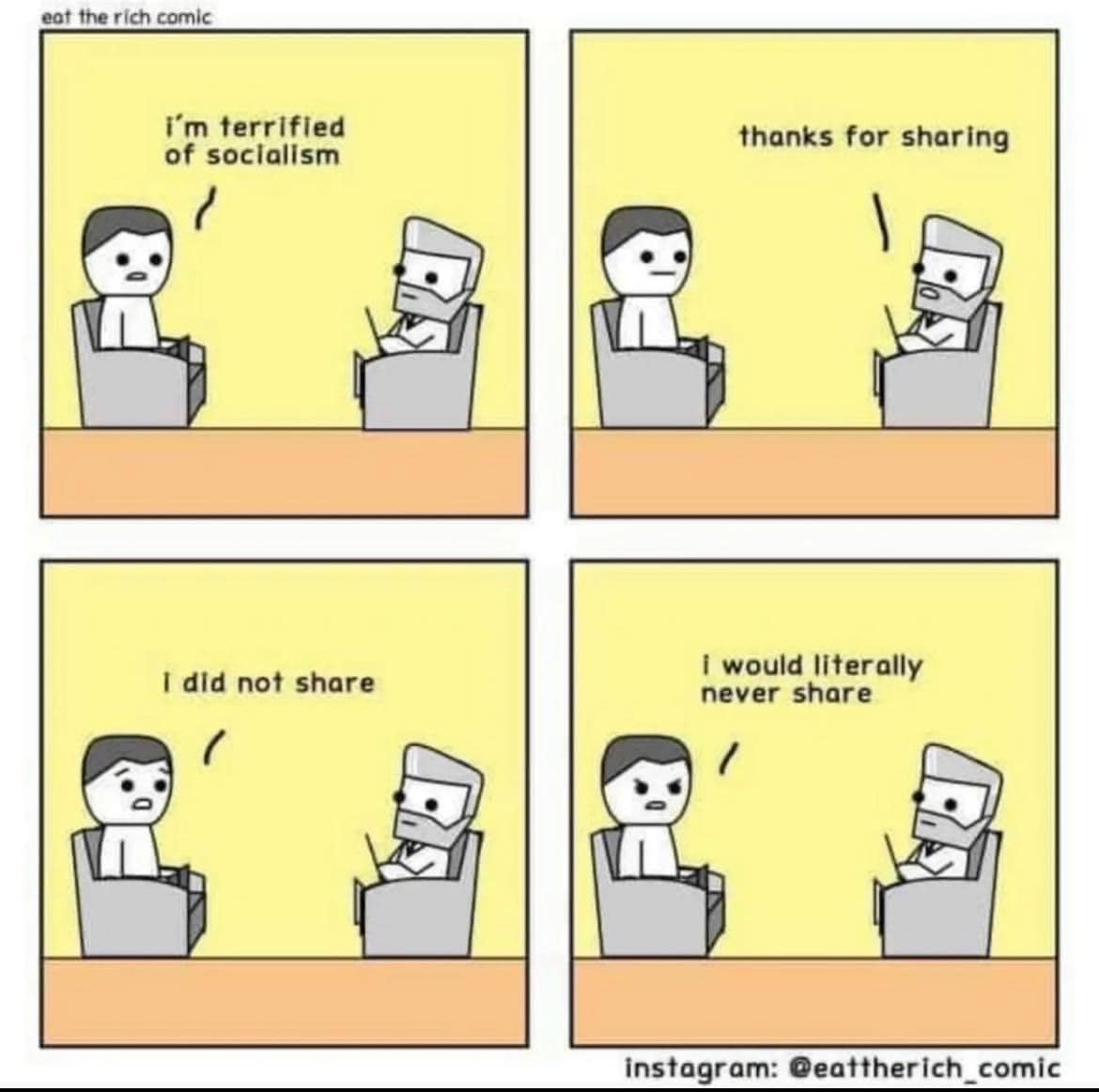 Okay, let's break down this comic strip with the requested theoretical lenses. **Visual Description** The comic is a four-panel strip in a simplistic, black-and-white style. Each panel depicts two figures sitting at d...