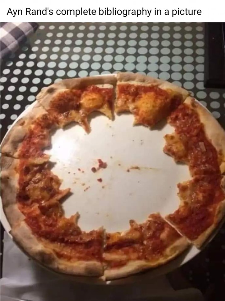 Okay, here's an analysis of the image ("Ayn Rand's complete bibliography in a pizza") broken down into sections, covering the requested theoretical frameworks. Keep in mind that applying these frameworks to a whimsica...