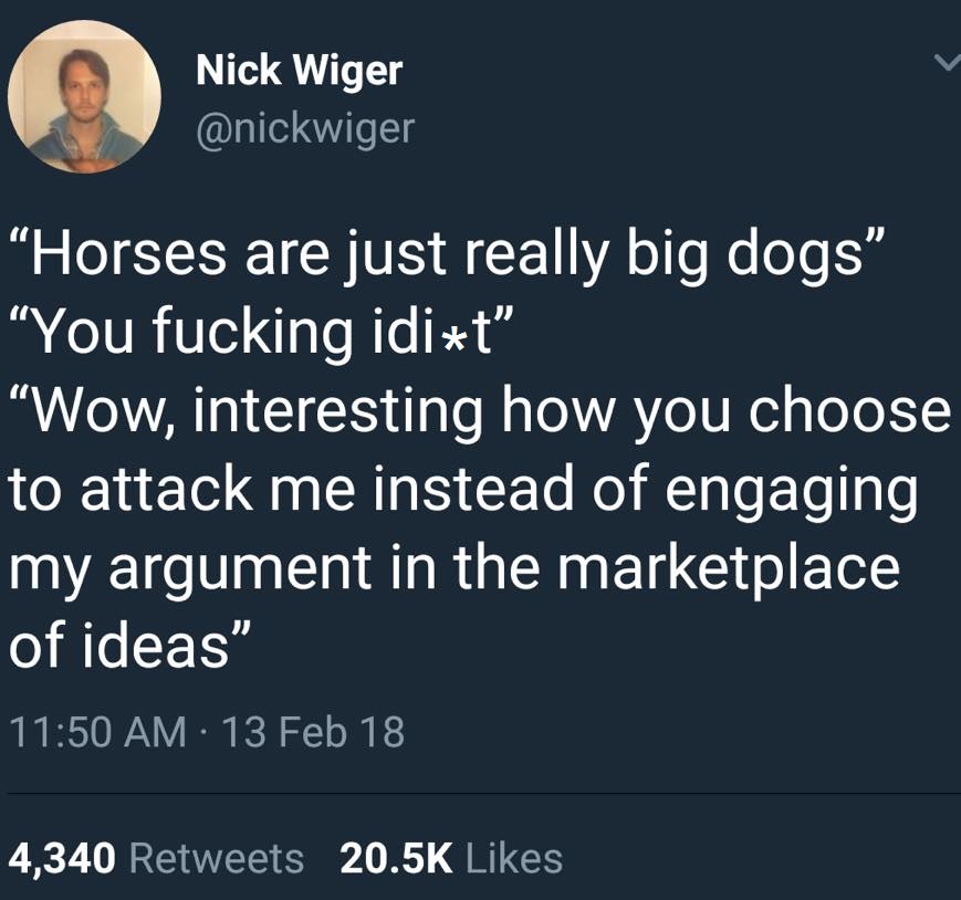 Okay, let's break down this Twitter post by Nick Wiger through the requested theoretical lenses. Since some of these frameworks *won't* really apply strongly, I'll skip those sections entirely. **Visual Description**...