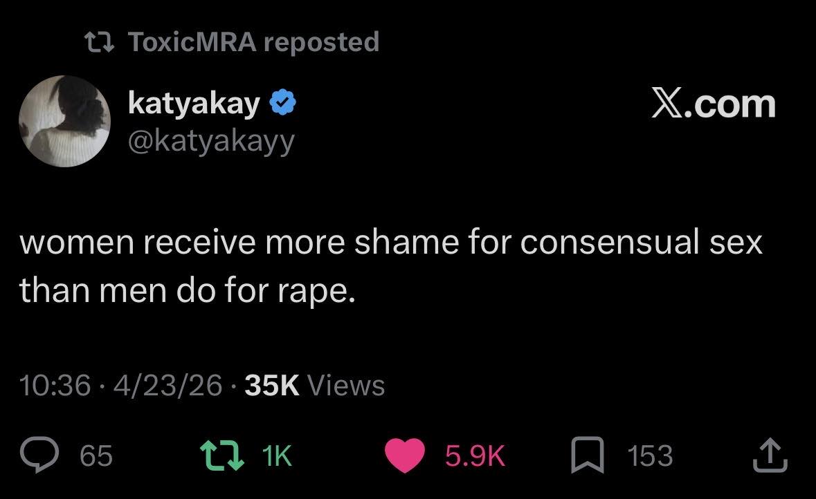 This controversial post suggests a severe double standard in social judgment where women are shamed or blamed more heavily than men are shamed for violence. It implies that women feel intense guilt or shame over sexua...