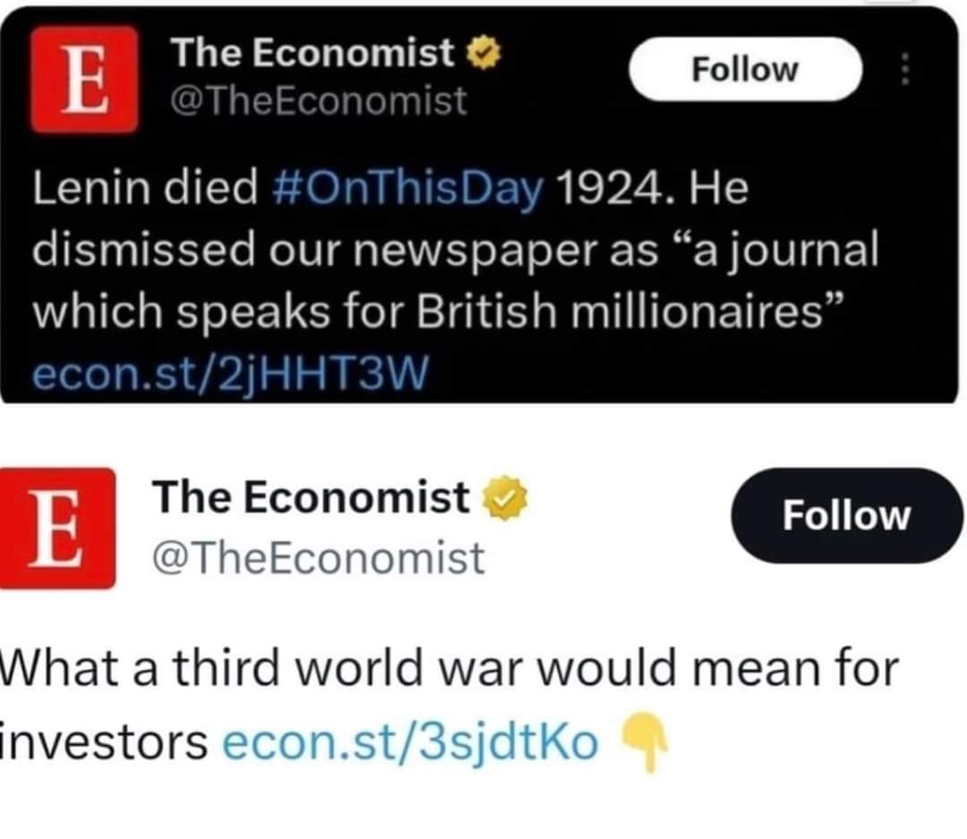 The meme is a screenshot of a tweet from The Economist, a news and commentary magazine, that has been edited to replace the word "Economist" with "Economist-adjacent" to imply that the publication is not actually a so...