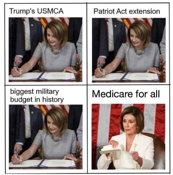Okay, let's break down this image, a four-panel meme featuring Nancy Pelosi signing legislation, using the requested theoretical frameworks. I will include sections only where the frameworks apply in a meaningful way....