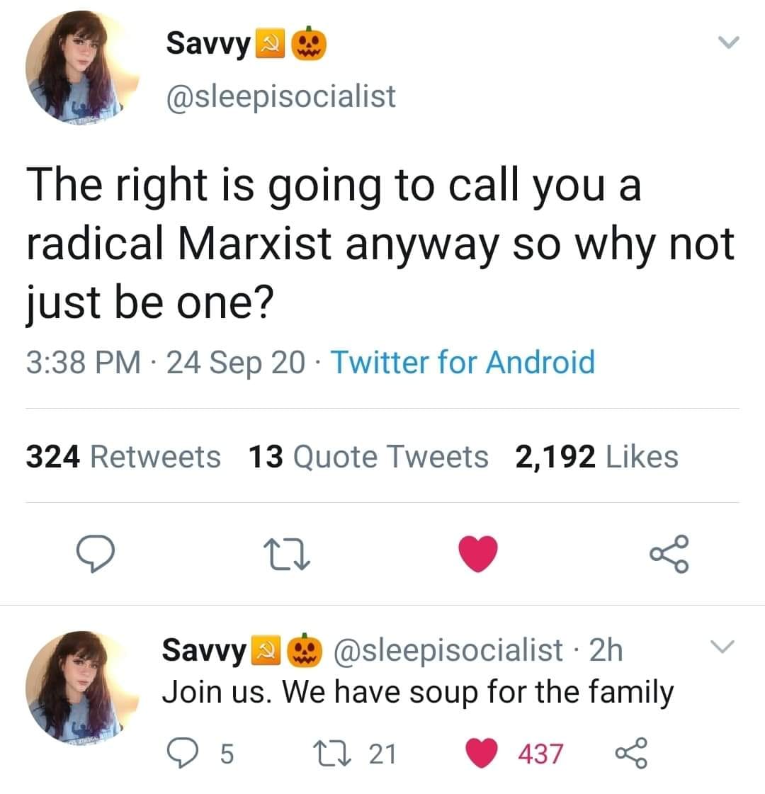 Okay, let's break down these tweets from @sleepysocialist using the frameworks you requested. **Visual Description** The image shows two tweets from the Twitter (now X) account @sleepysocialist. Each tweet is accompan...