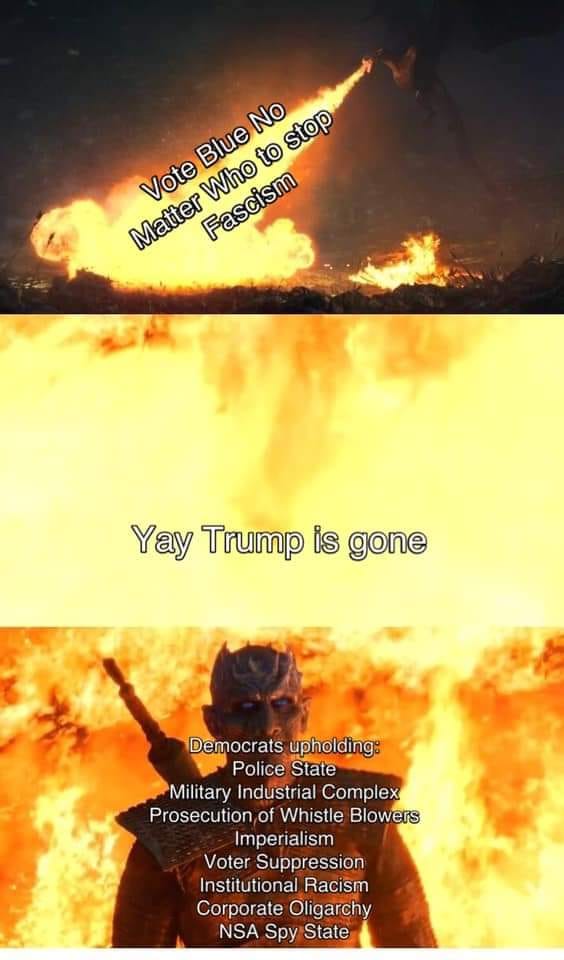 Okay, let's break down this image/meme through several theoretical lenses. It's a layered piece, attempting to critique the perceived limitations of "lesser evil" politics and the continued perpetuation of oppressive...