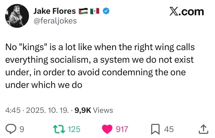This Anti-Neoliberal meme satirizes conservative rhetoric by including the text: "**No 'kings' is a lot like when the right wing calls everything socialism, a system we do not exist under, in order to avoid condemning...