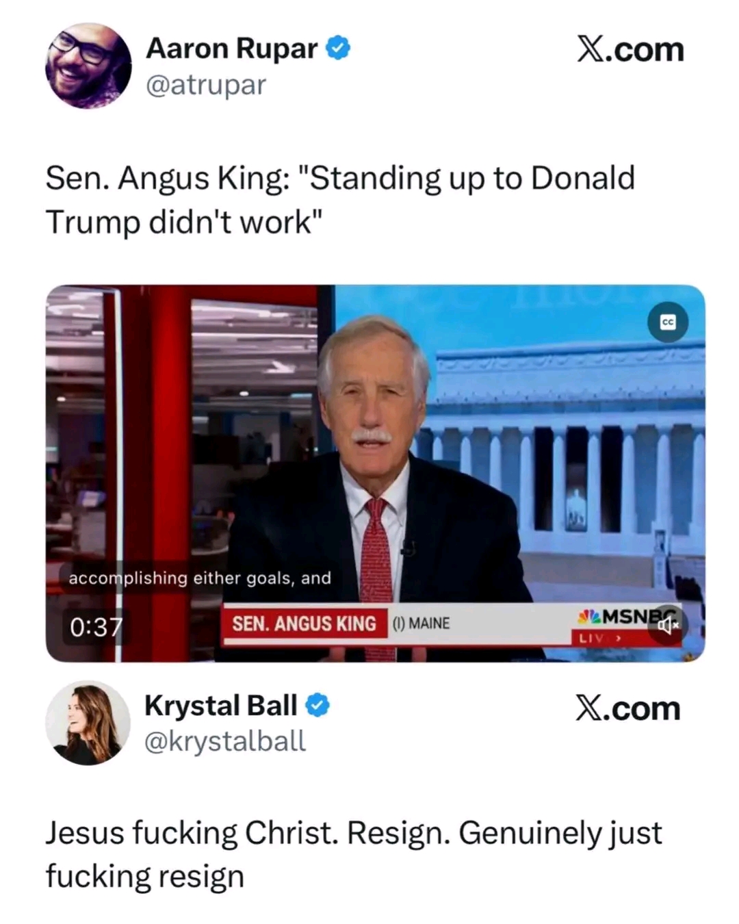 For someone who cannot see the image, this meme illustrates a moment of intense political disillusionment regarding the futility of policy victories. Senator Angus King, who generally advocates for deregulation and fr...