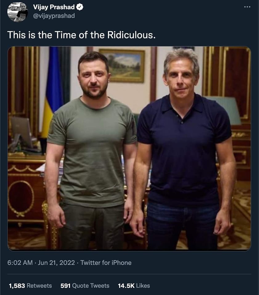 Okay, here's an analysis of the image and its context (a Tweet from Vijay Prashad) broken down into the sections you requested, focusing on how different theoretical frameworks could apply. I'll note if a particular f...