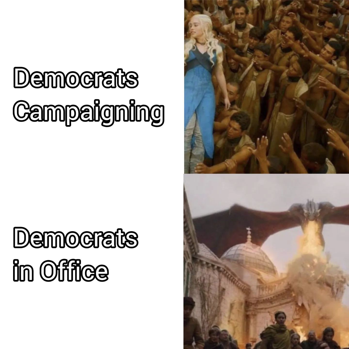 Okay, let's break down this meme using the frameworks you've requested. It's a pretty pointed political statement, so there's a lot to unpack! **Visual Description** The meme uses a "drakeposting" format, which juxtap...