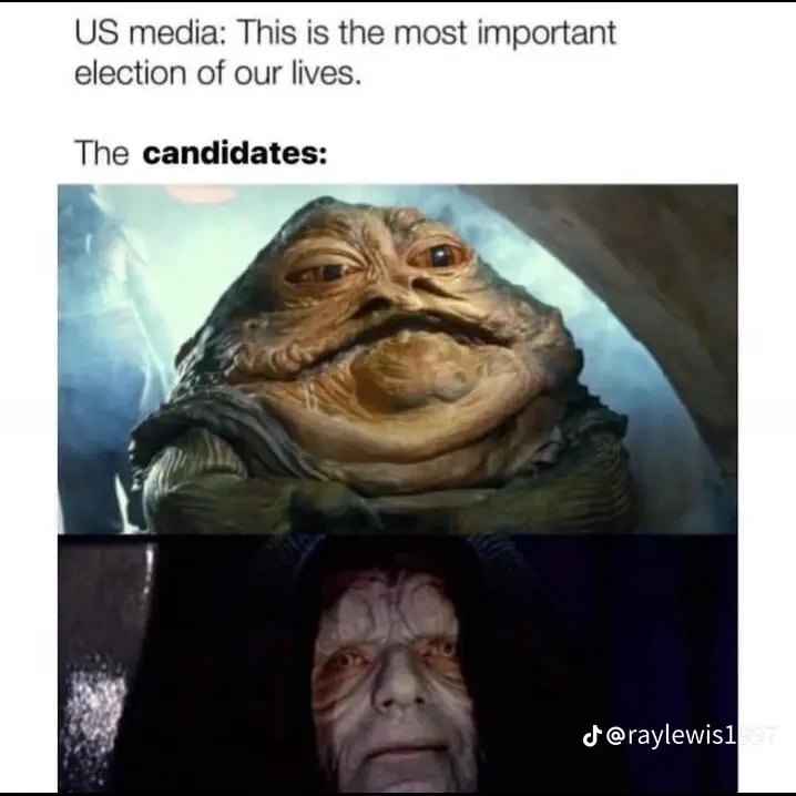 Okay, let's break down this meme utilizing several theoretical frameworks. It's a pointedly cynical commentary on US elections, so several of these lenses apply! ## Visual Description The meme presents a contrasting j...