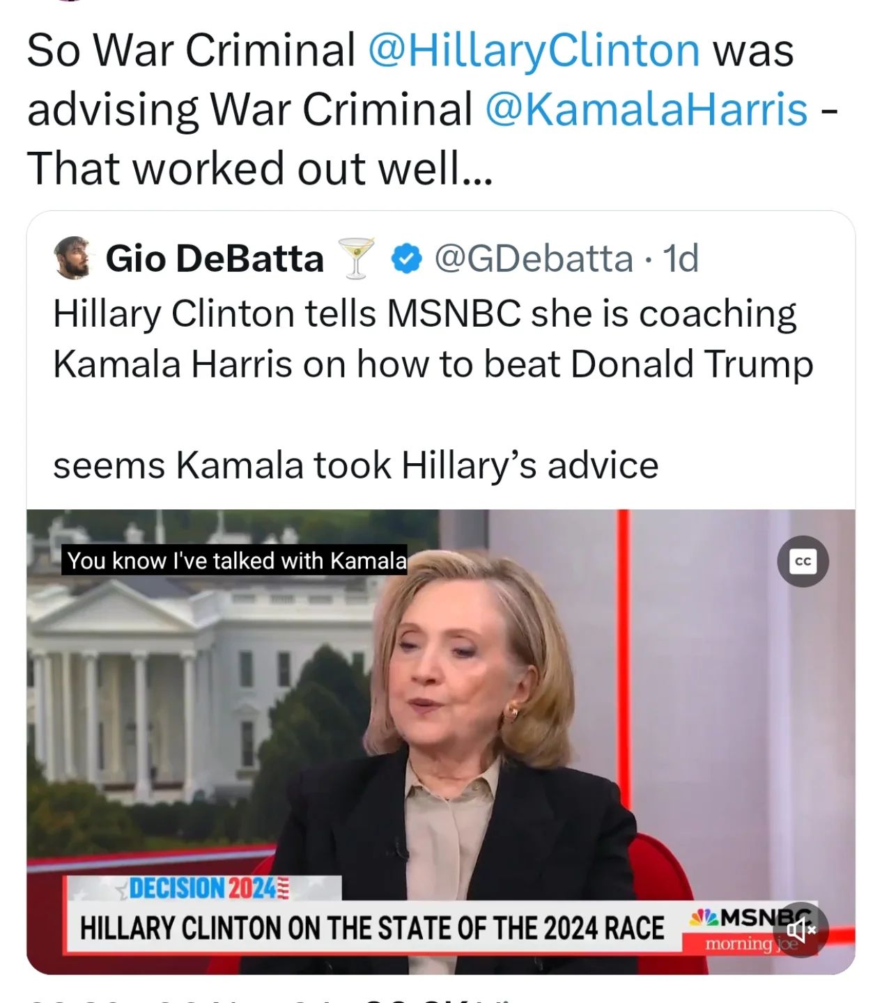 This image is a screenshot of a tweet by Gio DeBatta. The tweet contains a video of Hillary Clinton talking to Kamala Harris. The video has a white text box that says, "You know I've talked with Kamala." Below the vid...