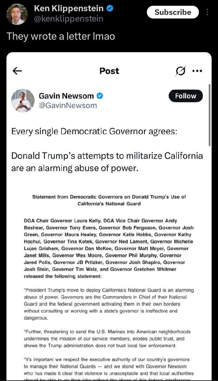 Okay, here's an analysis of the provided social media post (from Gavin Newsom and relating to a statement by Democratic Governors) broken down into the requested theoretical frameworks. I'll indicate where a framework...