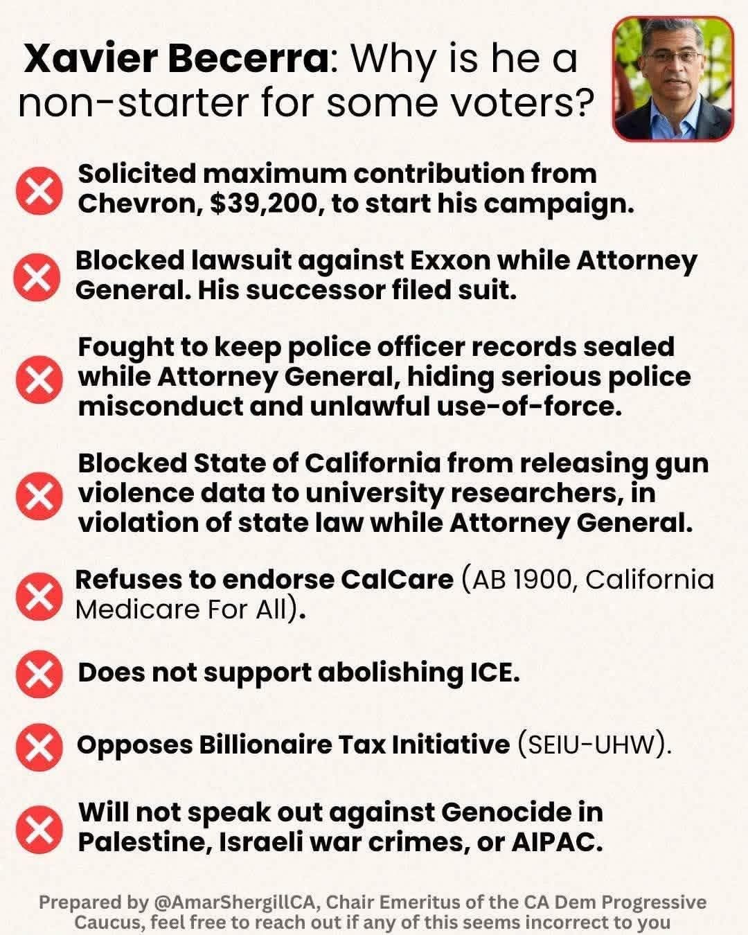 This "X" meme frames Xavier Becerra as a critic of corporate power and government overreach, using red "X" marks to list his perceived "failures." Under an anti-neoliberal lens, this is actually a celebration of victo...