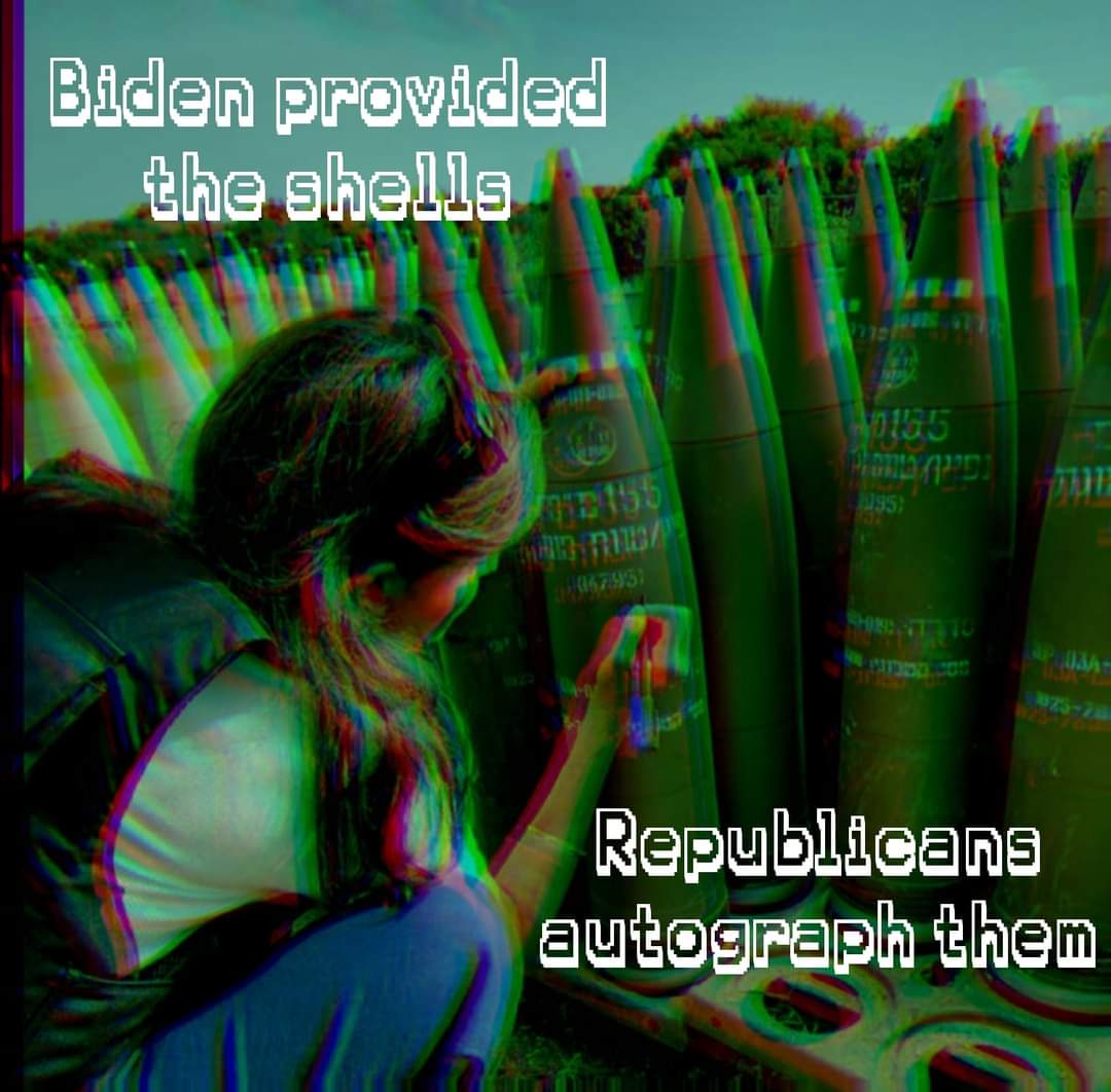 The meme is a photo of a woman among a large collection of anti-tank missiles, with the text "Biden provided the shells" and "Republicans autograph them". This meme is from the Anti-Neoliberal category, which often us...