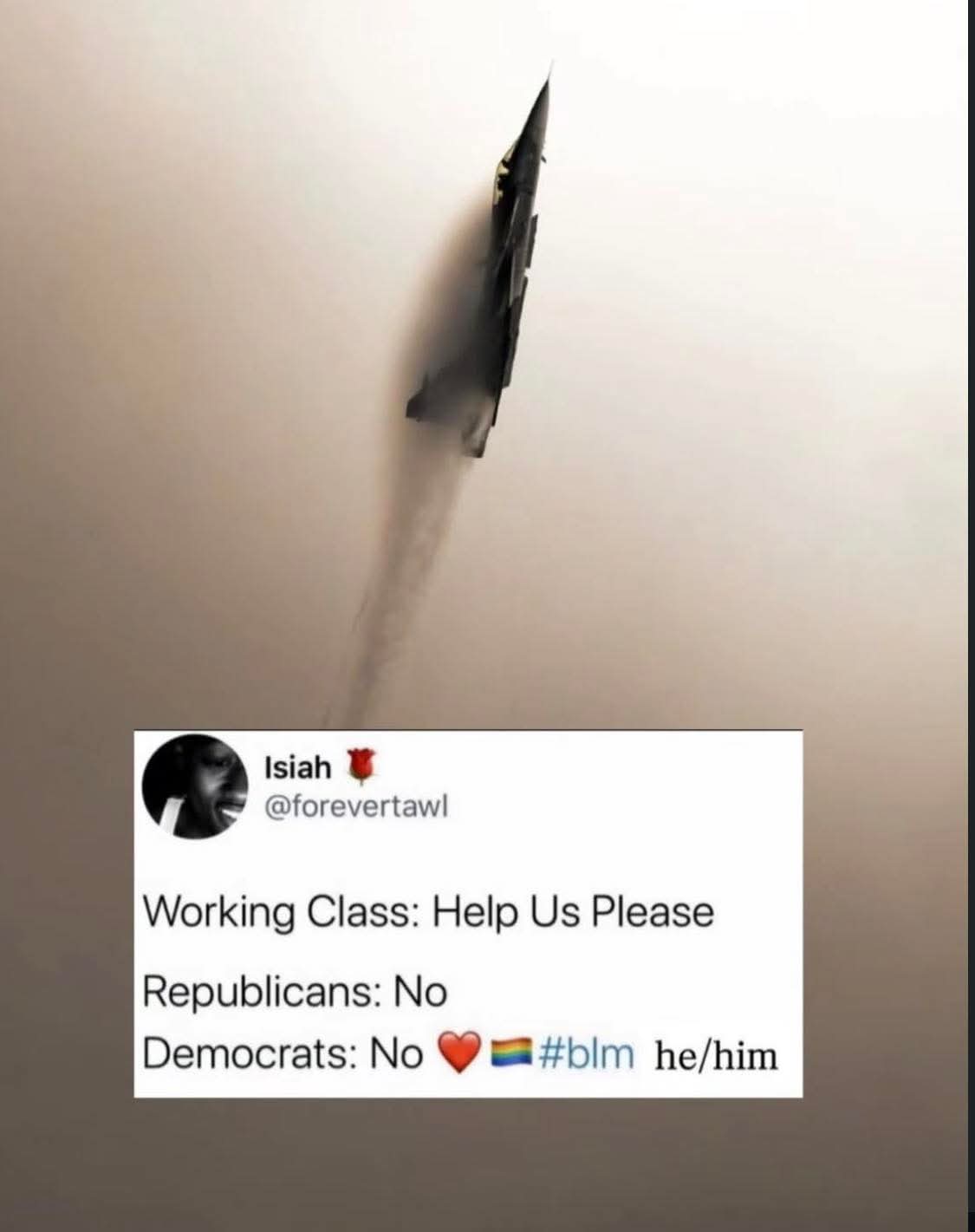This meme satirizes the perceived failure of major political parties to support the working class. The text presents a dialogue where the worker asks for help, and both Republicans and Democrats explicitly deny it—not...