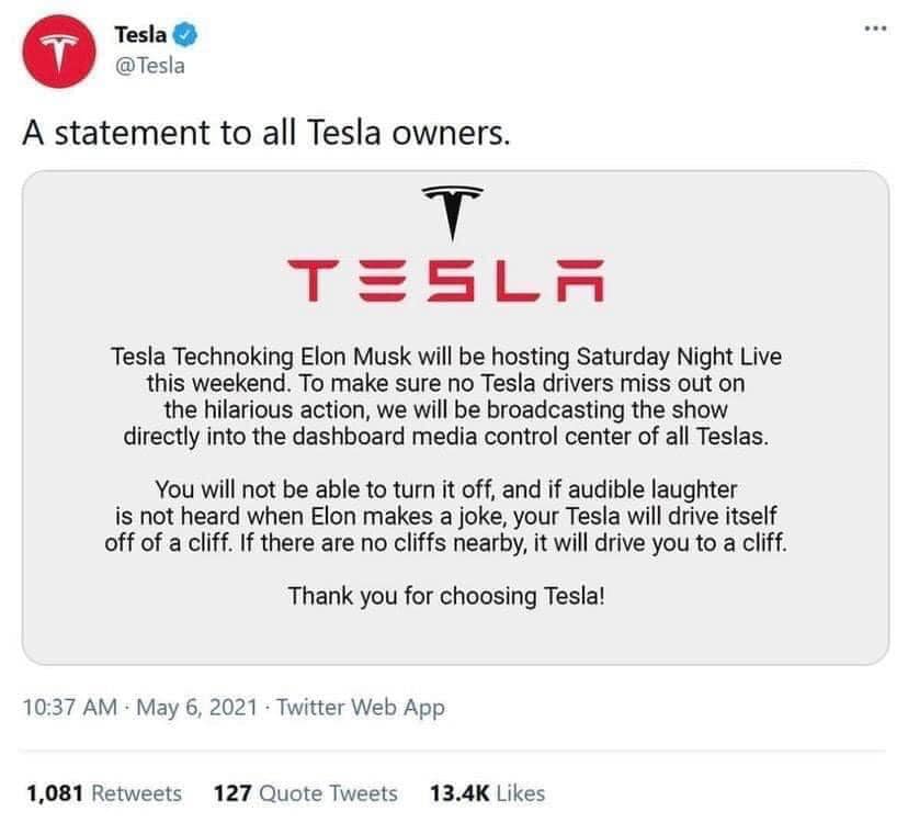 Okay, let's break down this 2021 Tesla tweet (announcing Elon Musk hosting Saturday Night Live) through the lens of several theoretical frameworks. Given the content, certain frameworks will be more strongly applicabl...
