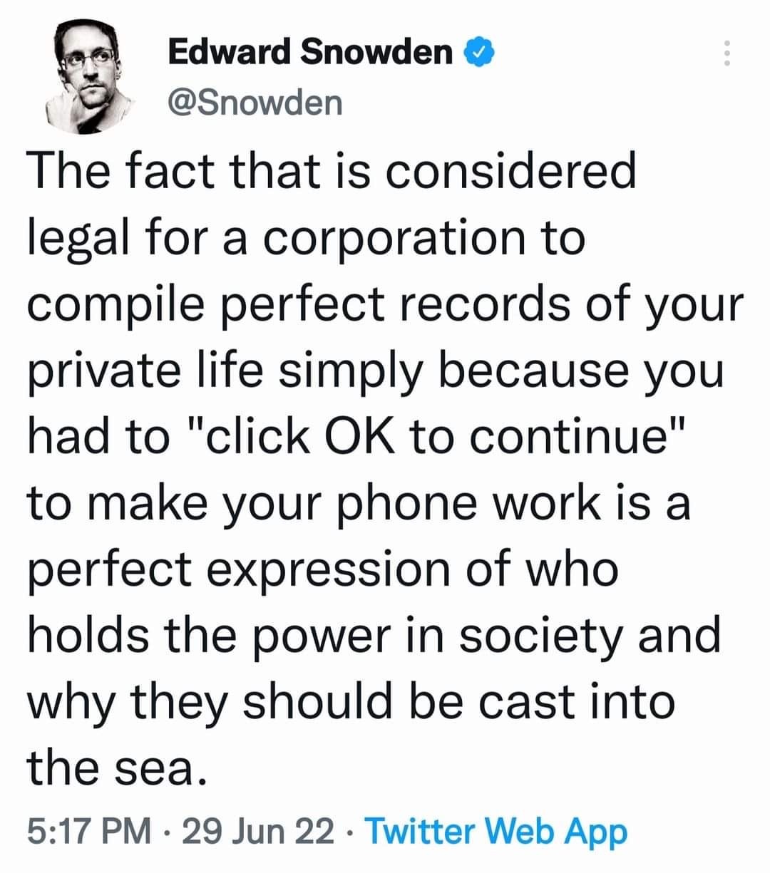 Okay, let's break down Edward Snowden's tweet through various theoretical lenses. Here's an analysis, focusing on sections where the theoretical frameworks are most applicable. **Visual Description** The image is a sc...