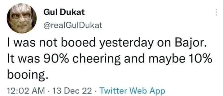 Okay, let's break down this Gul Dukat tweet using the frameworks you've requested. It's a surprisingly rich little text for its size, particularly given the character's history in *Deep Space Nine*. ## Visual Descript...