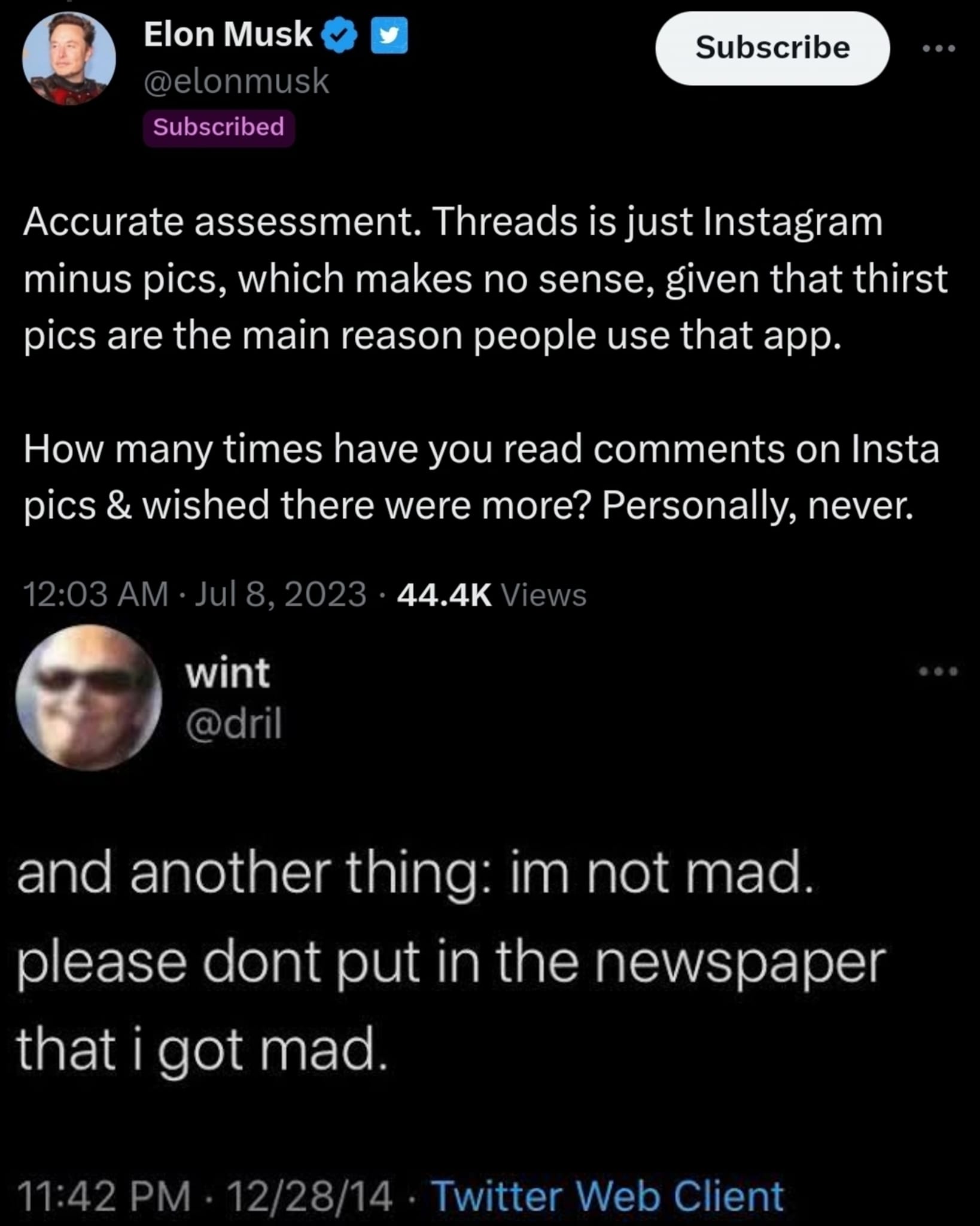 Okay, here's a breakdown of the provided Twitter exchange between Elon Musk and "@dril" using the frameworks you requested, addressing only the relevant sections based on the content. ## Visual Description The image i...