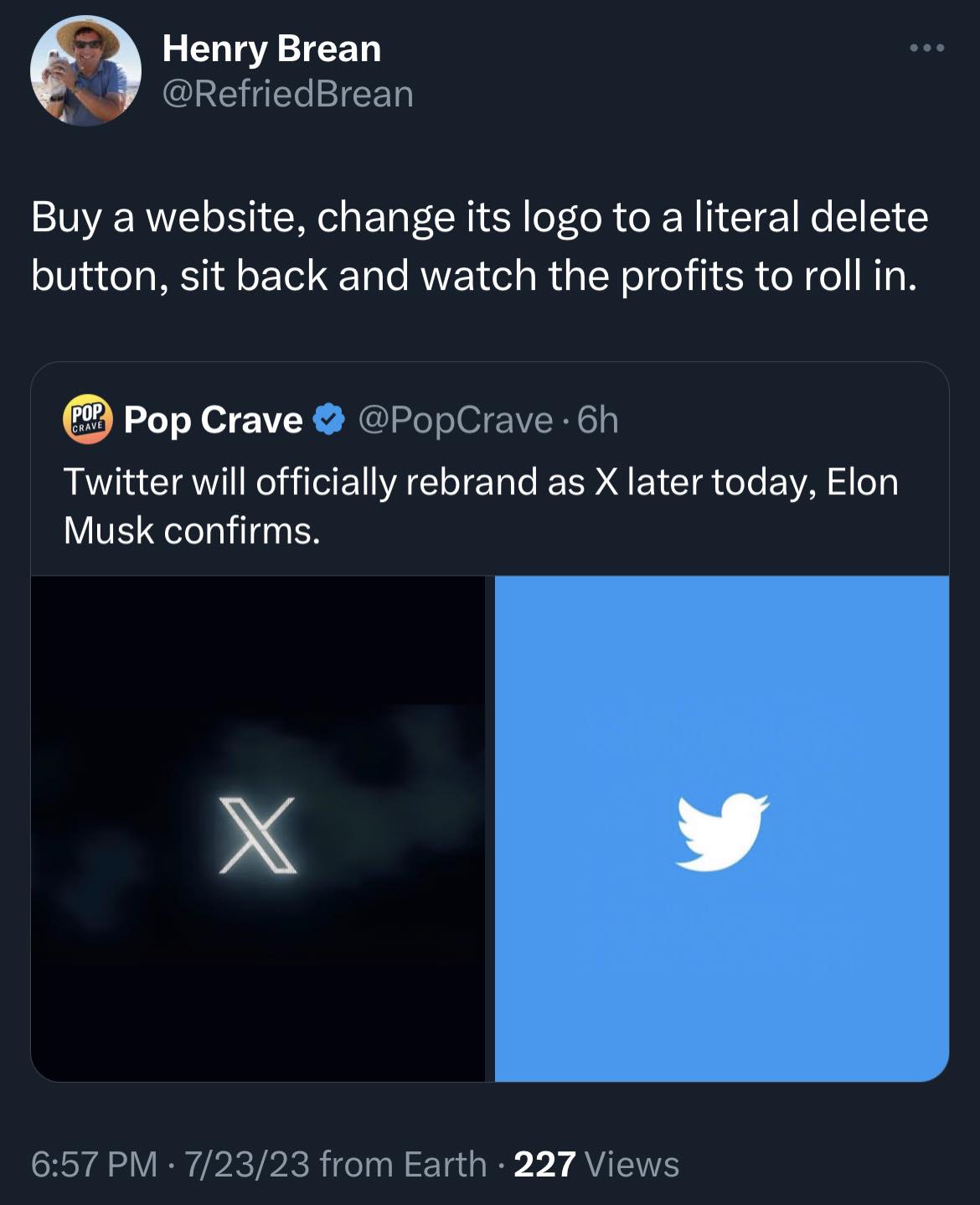 Okay, let's break down this social media post through a series of analytical lenses. ## Visual Description The image shows a Twitter post from "Pop Crave" announcing Elon Musk's intention to rebrand Twitter as "X". Th...